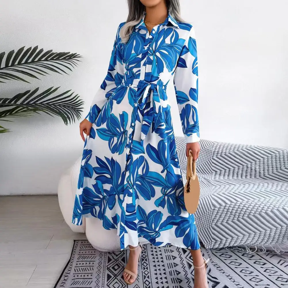 

Spring Summer Ladies Contrast Floral Collar Lace Up Shirt Dress Women Single Breasted Long Dress
