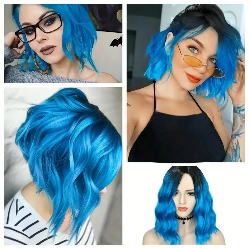 short rolls blue black halloween cosplay party gradient black to blue wig