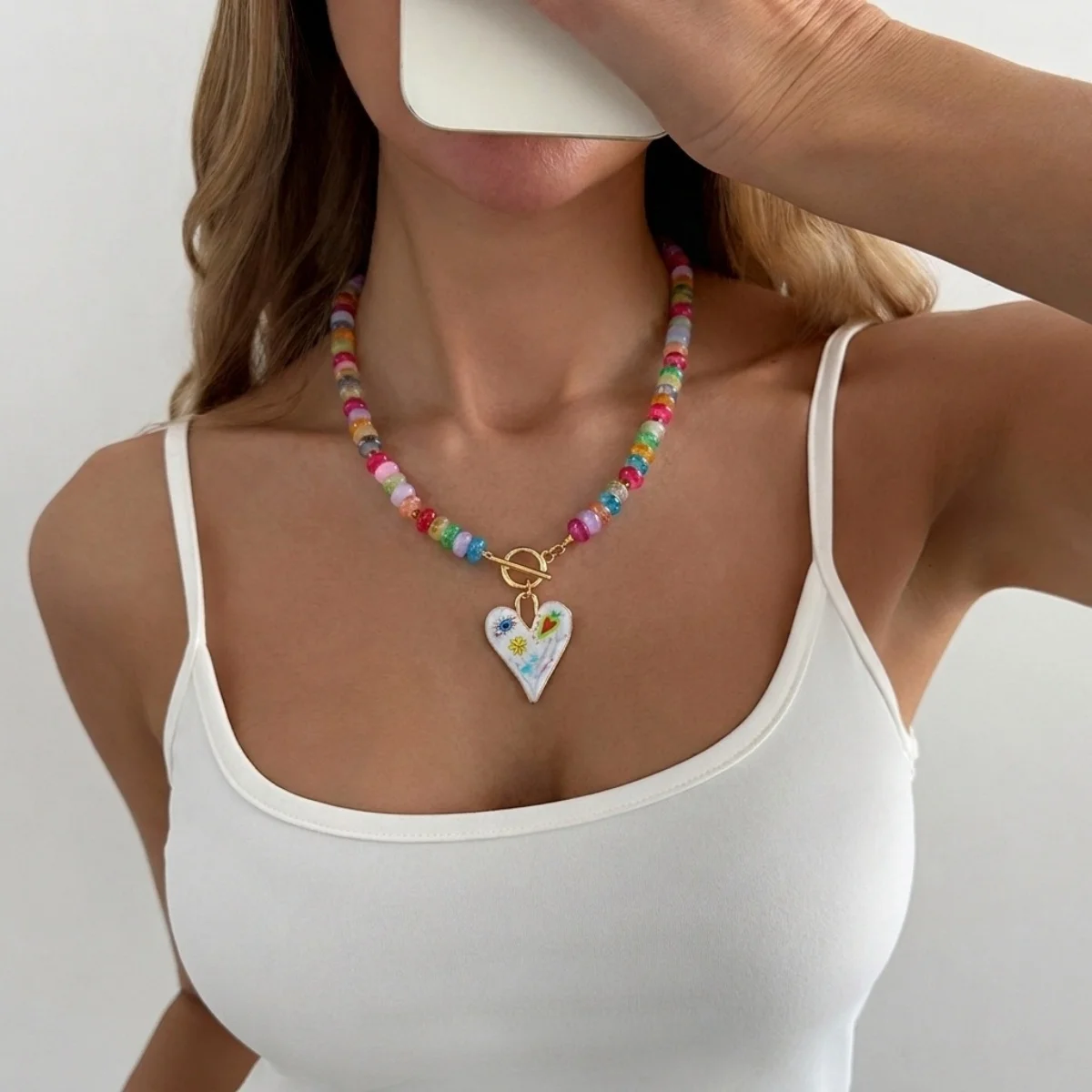 Dopamin Bunte Glas-Flachperlen Graffiti-Blumen-Herz-Anhänger Halskette für Frauen Männer Y2K Vintage OT-Schnallen-Choker Schmuck – Detail 21