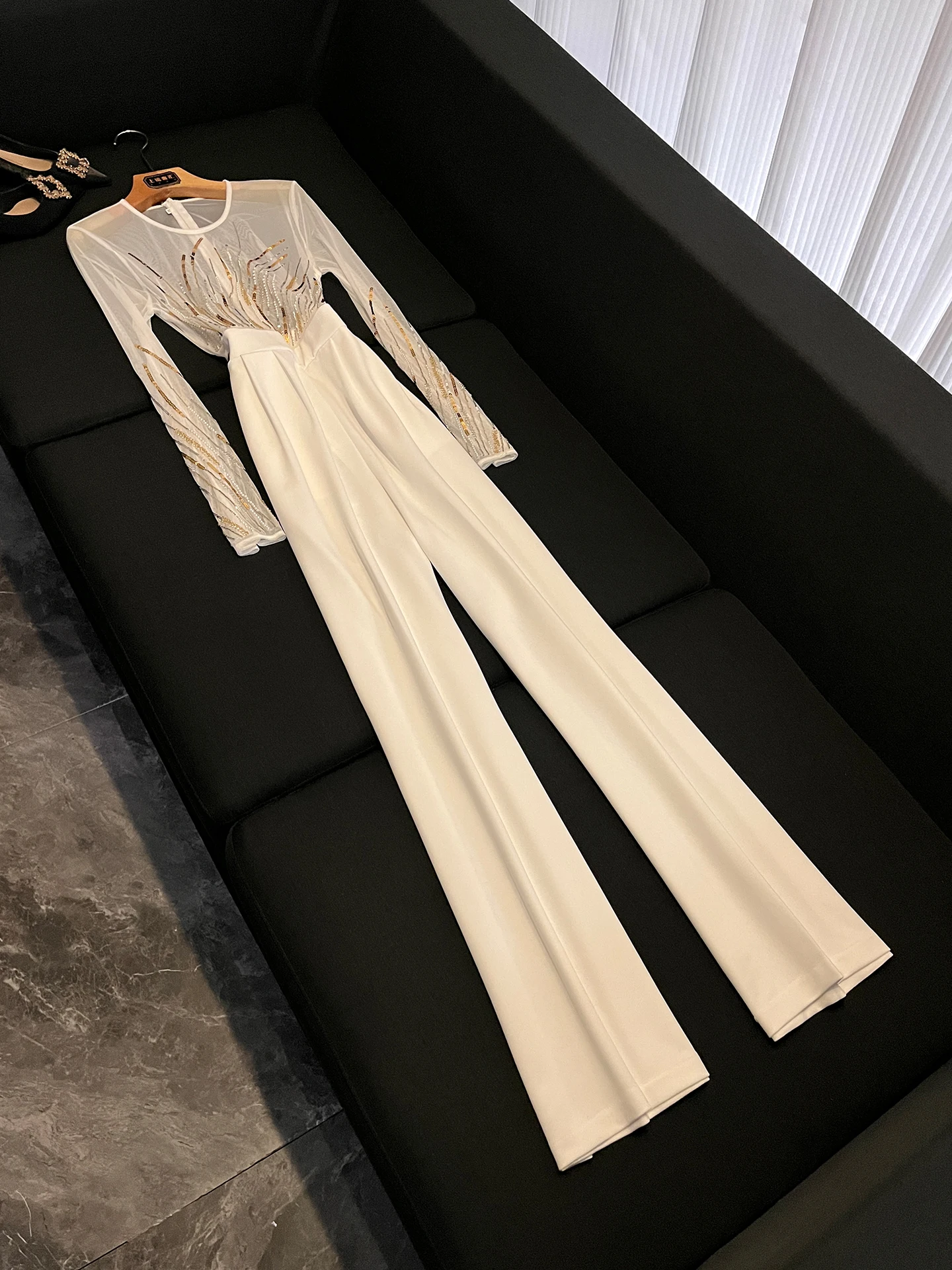 

Fashion High Waist Shiny Sequin Jumpsuit Straight Leg Commute Dinner Slim Fit Long Pants Women's Clothing Jumpsuits