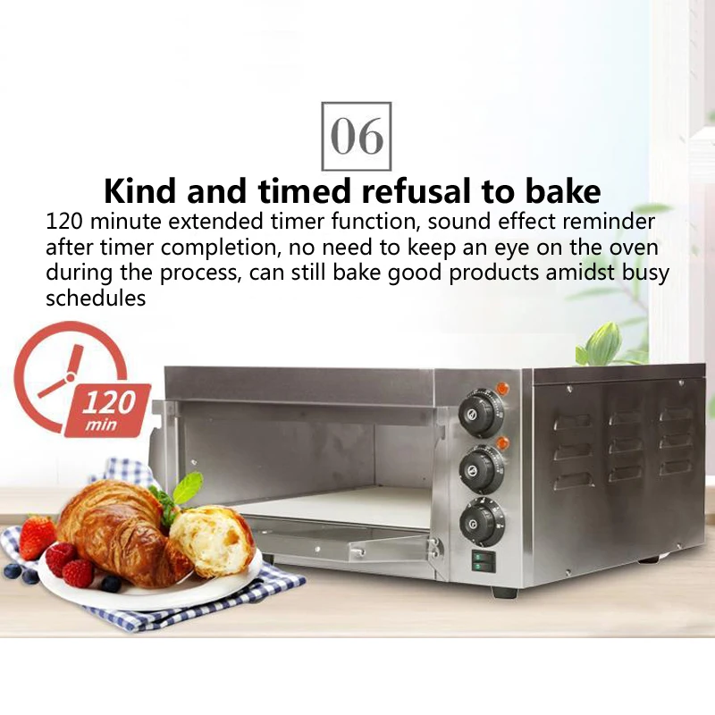 Electric Pizza Oven Countertop 2000W Commercial Bread Baking Machine with Adjustable Temperature 0-60 Minutes Timer