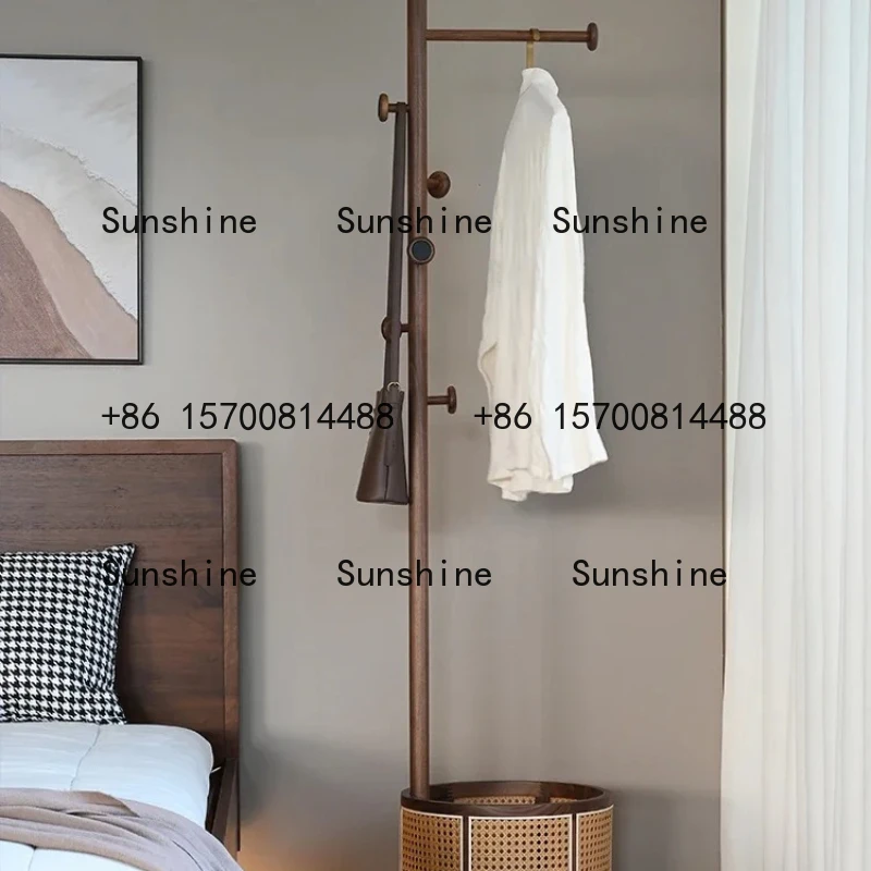 Black walnut coat rack, bedroom floor-to-ceiling rattan basket, solid wood removable dirty basket integrated