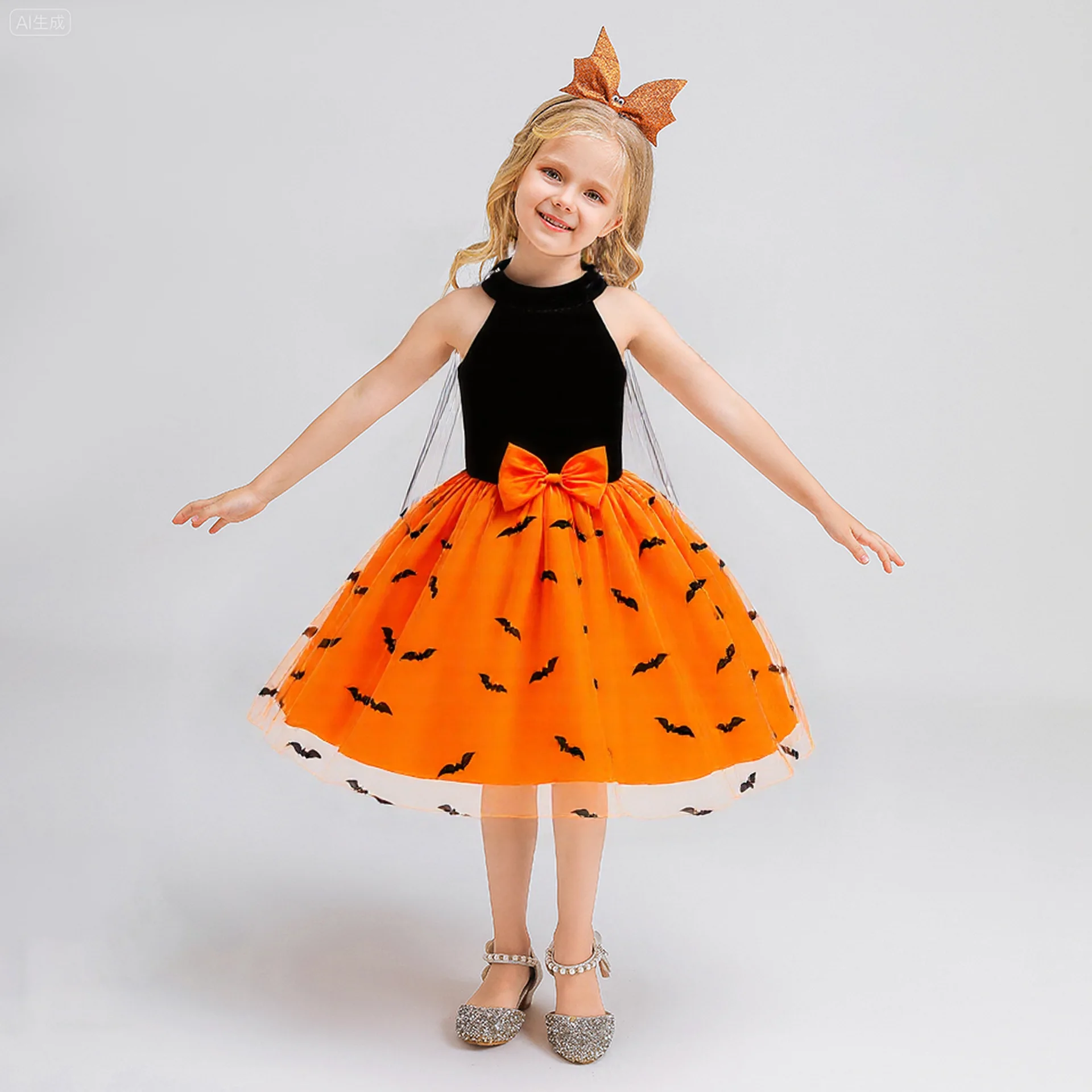 Halloween Costume Girls Dress Patchwork Pumpkin Print Sleeveless Princess Dress+Mesh Cloak For 4-8Y Party Role-playing Clothes
