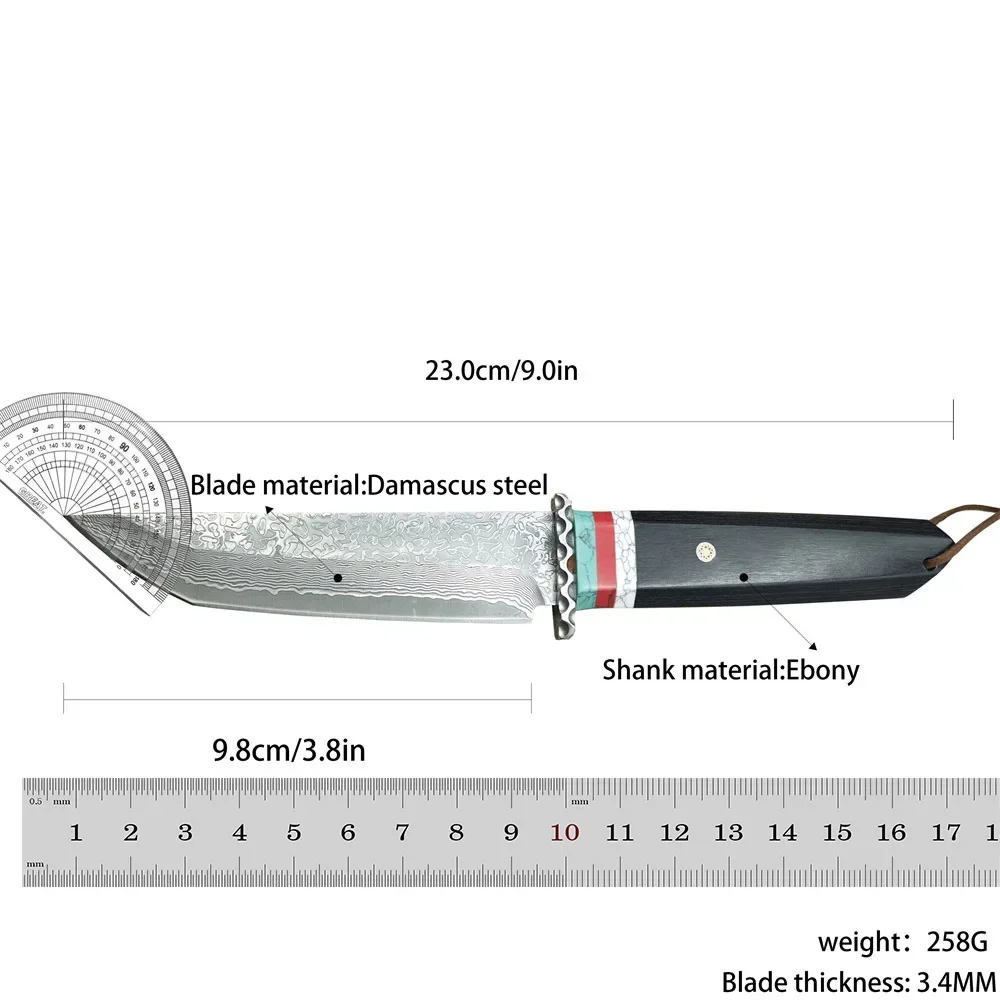Damasco balde ébano alças faca de caça tática com bainha de madeira, ferramentas edc de acampamento ao ar livre com caixa de presente
