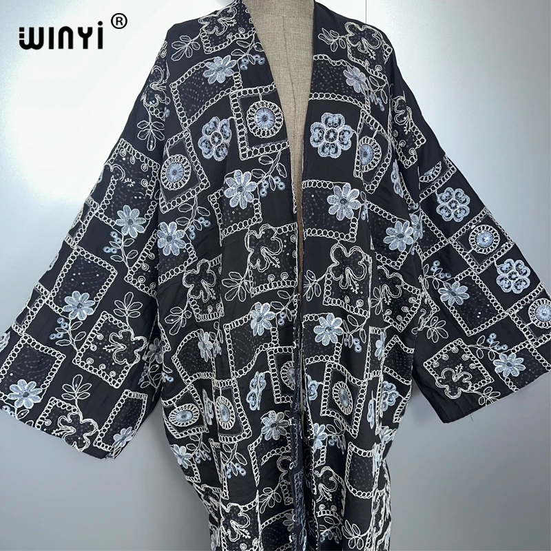 WINYI bestickte, paillettenbesetzte Denim-Strickjacke, langer Daunenmantel, lockeres Kleid, elegantes Party-Maxi-Feiertags-Schwimmen-Cover-Up, modischer Kimono
