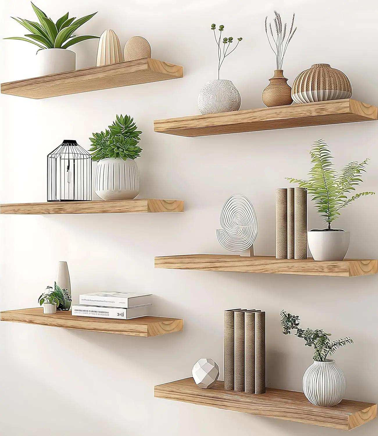 

Wood Floating Shelves for Wall, Wooden Wall Shelves for Bedroom, Set of 6 Light Brown 17 Inch