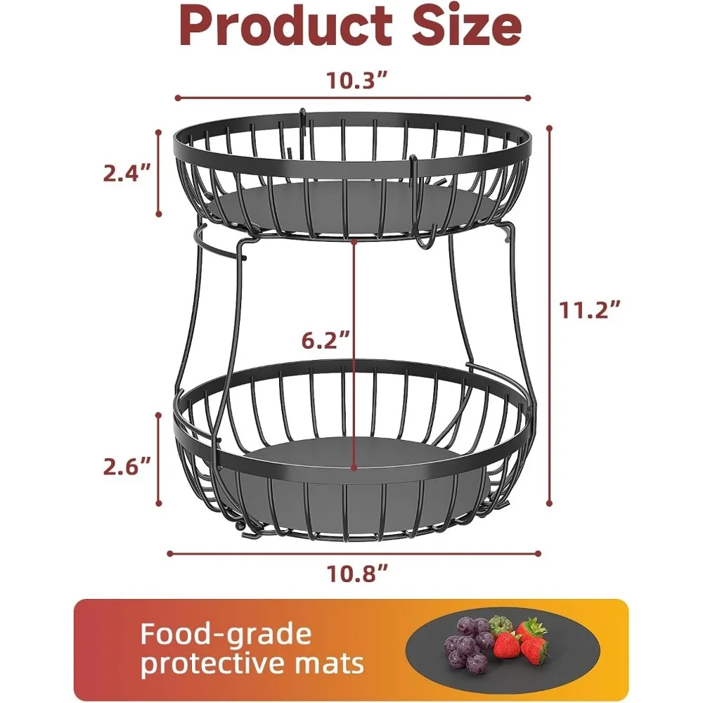 

2 Tier Fruit Basket for Kitchen Counter with 2 Banana Hangers, Metal Stackable Fruit Bowl for Kitchen Counter for Bread Vegetabl