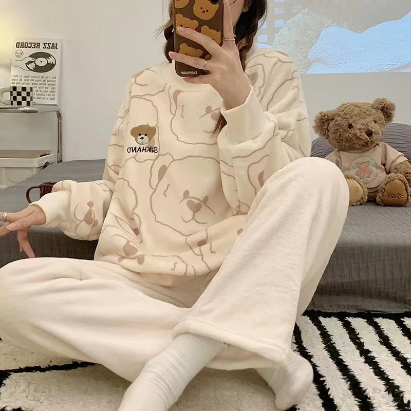 Autumn New Warm Round NeckLong Sleeve 2 Piece Outfit Set Women Plush Home Clothes for Women Cute Printing Pajamas for Girls