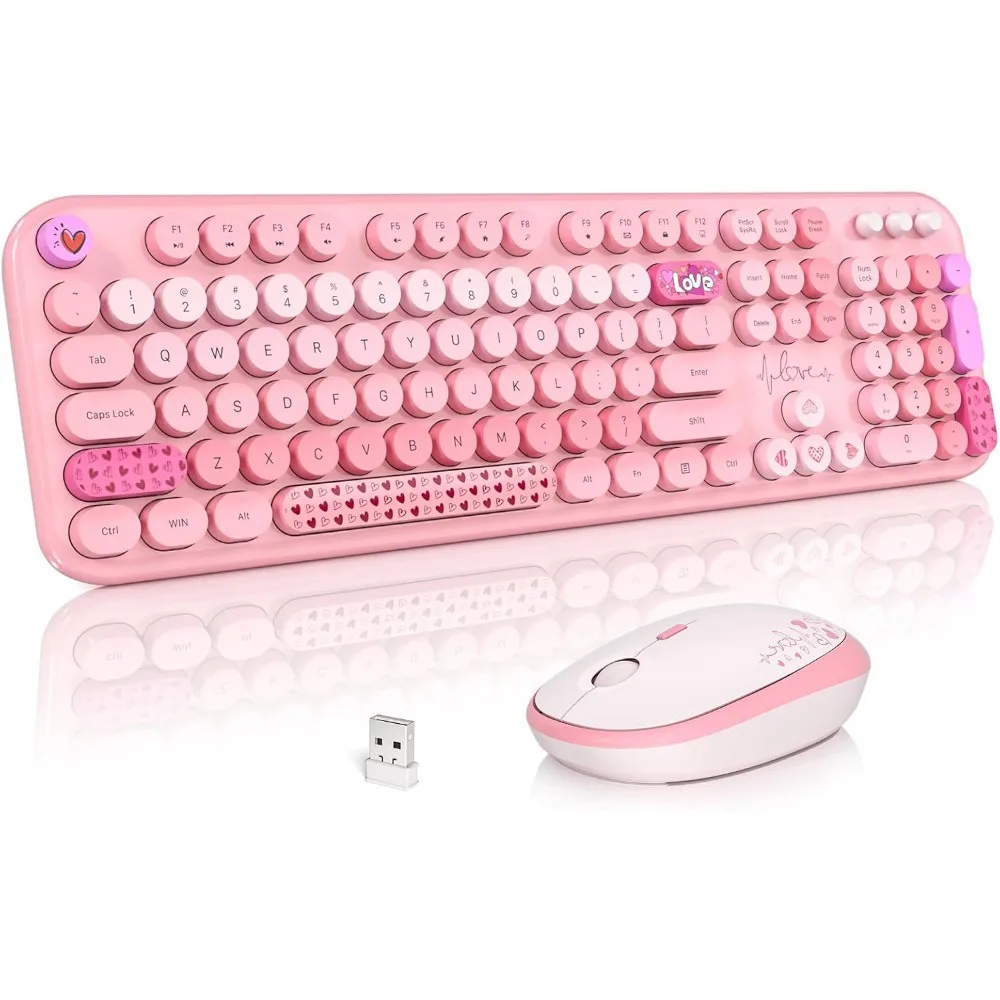 Full Size Retro Keyboard and Wireless Mouse Set, 2.4GHz Connection for PC/Laptop, Pink