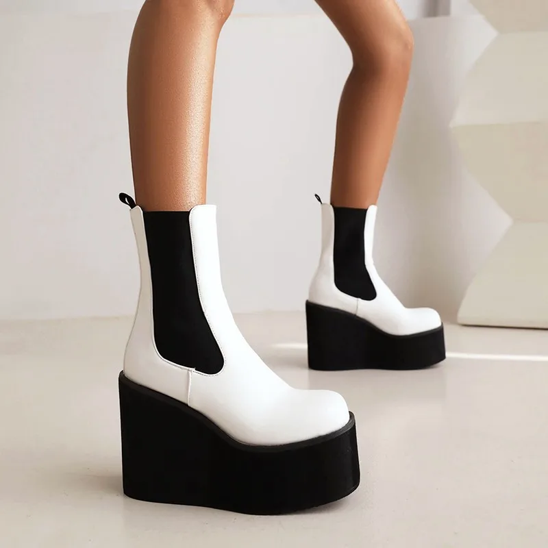 Platform Wedge Heels Runway Women\'s Ankle Boots Slope Heel Thick Sole Slip-on Chelsea Boots Black White Motorcyle Booties 42 43