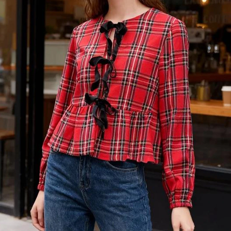 Black Bow Accents Perfect Fall Sweater for Women Plaid Long Sleeve Cardigan for Women Tie Front Lightweight Knit Sweater