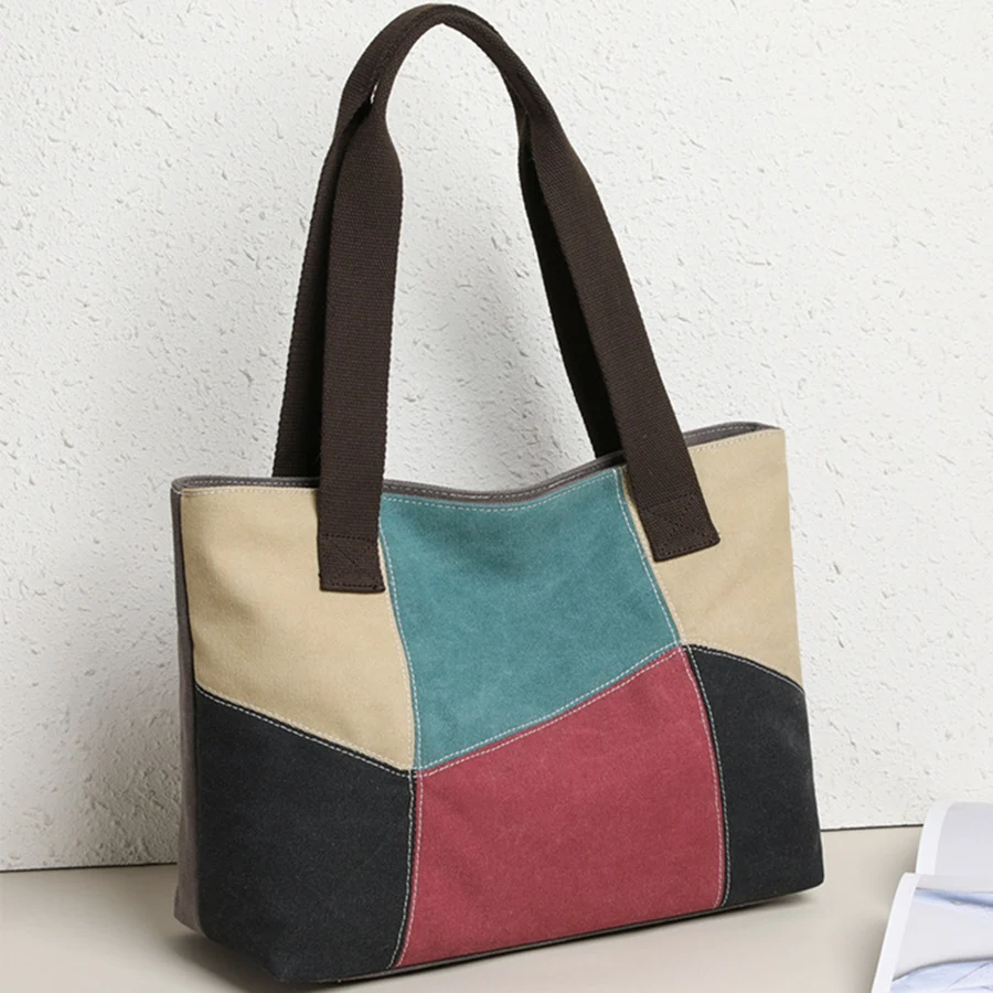 

New patchwork canvas women's single-shoulder bag, large-capacity crossbody bag, casual ethnic style color-blocking bag for women