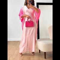 Langmao Summer Tie Dye Print Loose Fit Maxi Dress Women Casual Batwing Sleeve V Neck Front Slit Silk Long Party Club Wedding