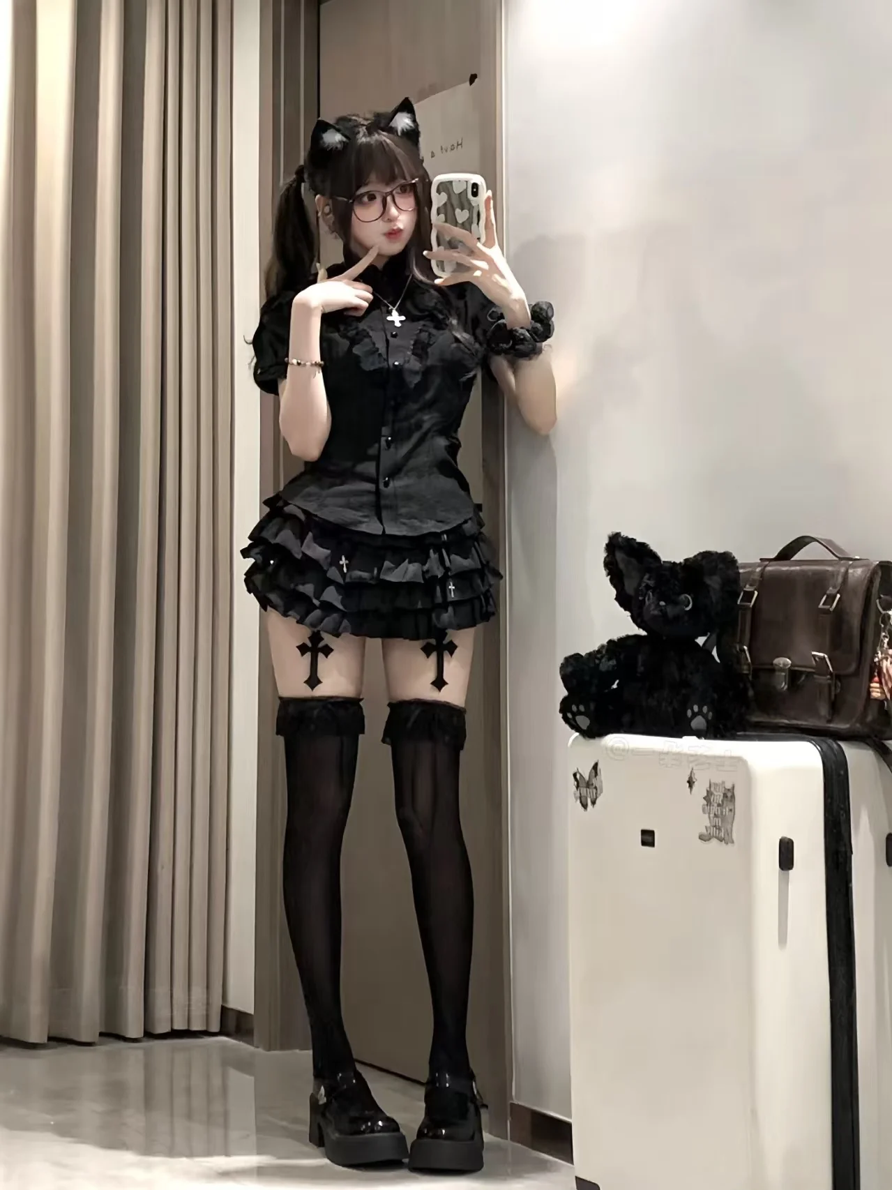 

Черный кружевной топ, готическая юбка, костюм для косплея, комплект на Хэллоуин, k, женский комплект с высокой талией, нерегулярный хлопок, Svel Dr