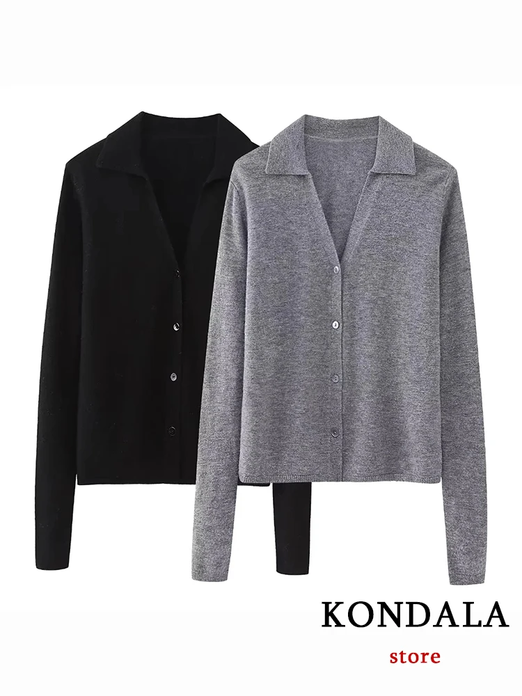 KONDALA Chic Casual Solid Grey Women Knitwear Fashion 2023 Autumn Sweater Long Sleeve Single Button V Neck Streetwear Cardigan