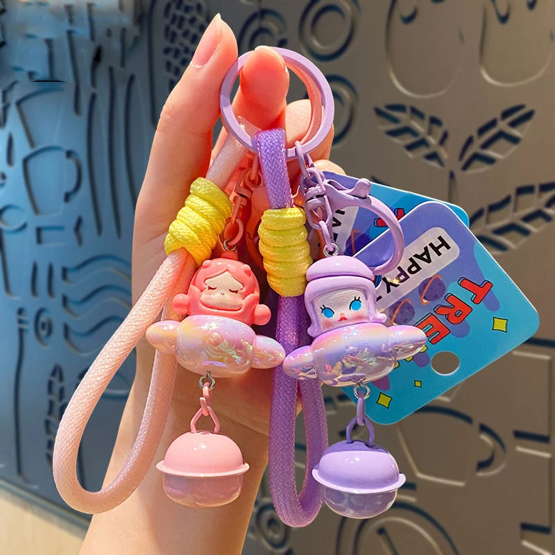 Electroplated Bubble Pilot Helicopter Doll Keychain Cute Pink Purple Girl On Plane Bell Keyring Pendant Braided Rope Key Chains