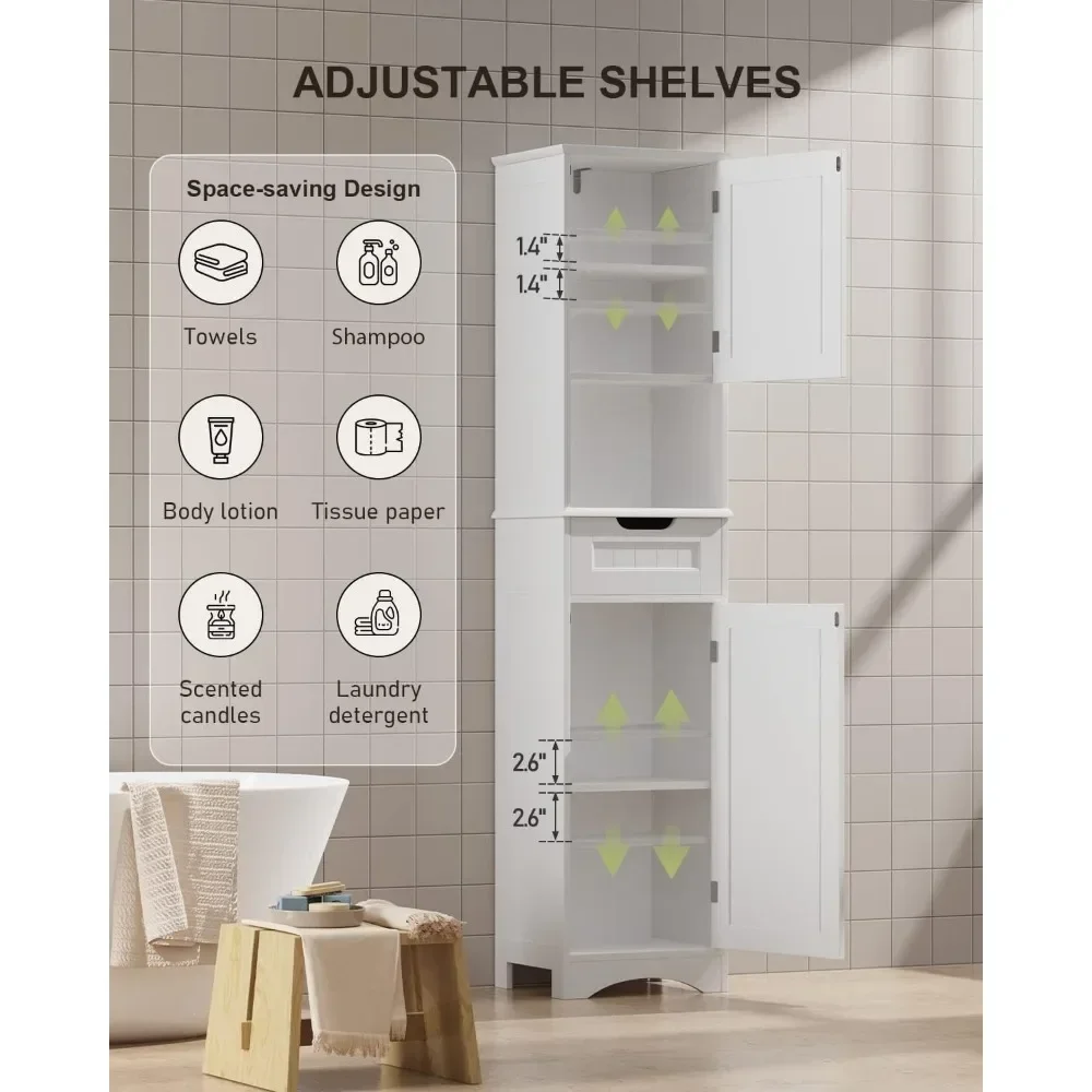 Tall Bathroom Storage Cabinet W/ 2 Doors & 1 Drawer, Adjustable Shelves, Anti-Tipping,White, 67