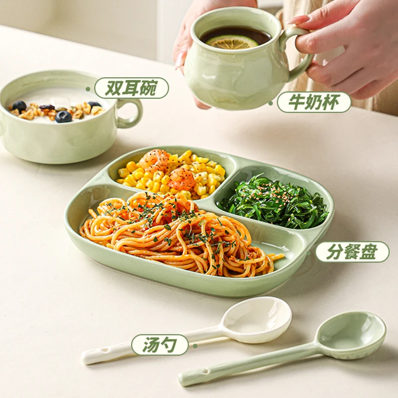 8 Inch Weight Loss Ceramic Dividing Plate for Adults Three Compartments Fixed Quantity Tableware Simple Solid Children Dish