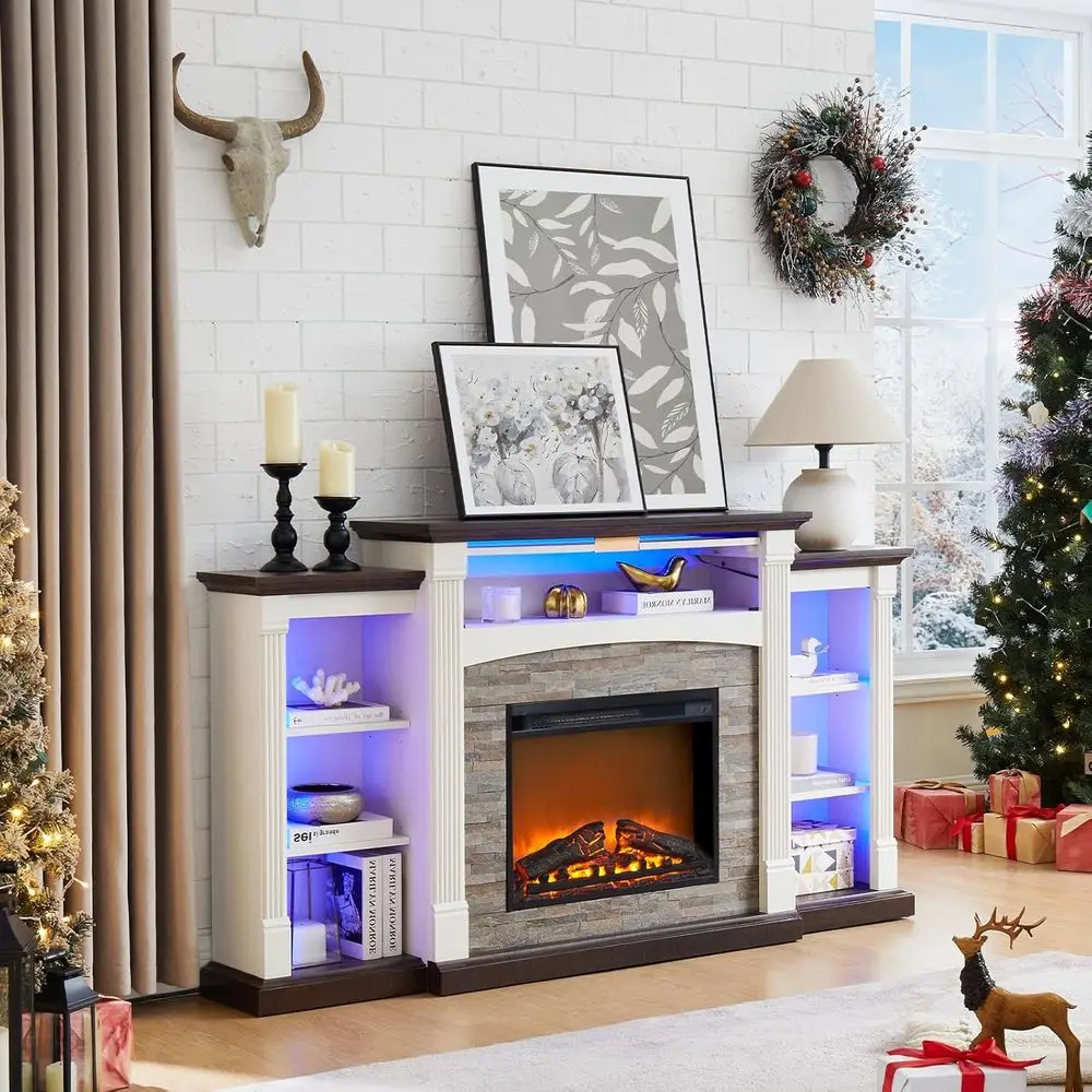 Replace TV Stand or 80 TV, 70 Electric Fireplace with Mantel, White Entertainment Center with Electric Fireplace & LED Lights, T