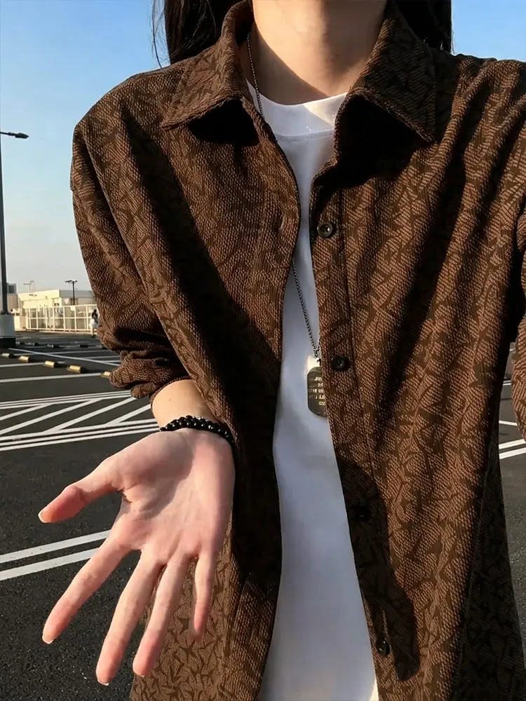Men's Long Sleeve Shirt Casual Style Printed Polyester Fiber Anti-deformation Spring Autumn Wear Button Closure Open Cardigan