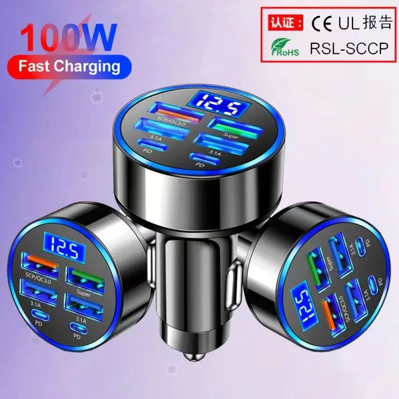 

UYUXIO 250W USB C Car Charger Adapter with Volt Meter Multi Port Super Fast Charge with Voltage Display for iPhone Samsung