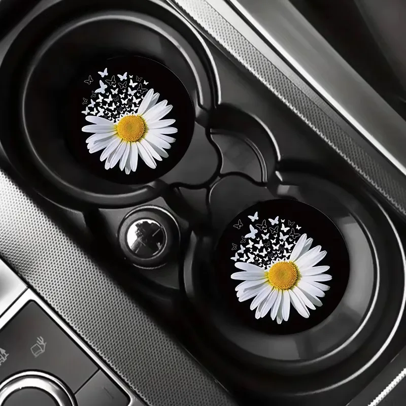 2PCS Car coaster, car water cup insulation pad, high-definition printed creative daisy pattern circular anti slip pad