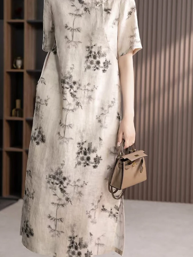 

Elegant Chinese Style Printed Linen Dress Women's Summer Loose Slimming Dress Commute Style Short Sleeve Long Dress