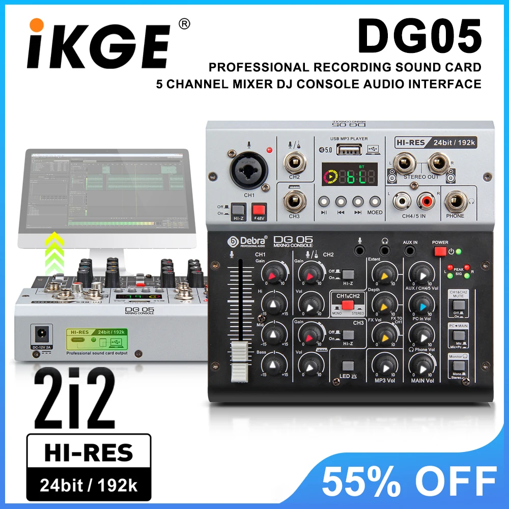 

DG05 24bit 192k Audio Interface Sound Card Mixer, DJ Console, Studio Quality, 5.0 BT, for PC, Electric Guitar Live Recording