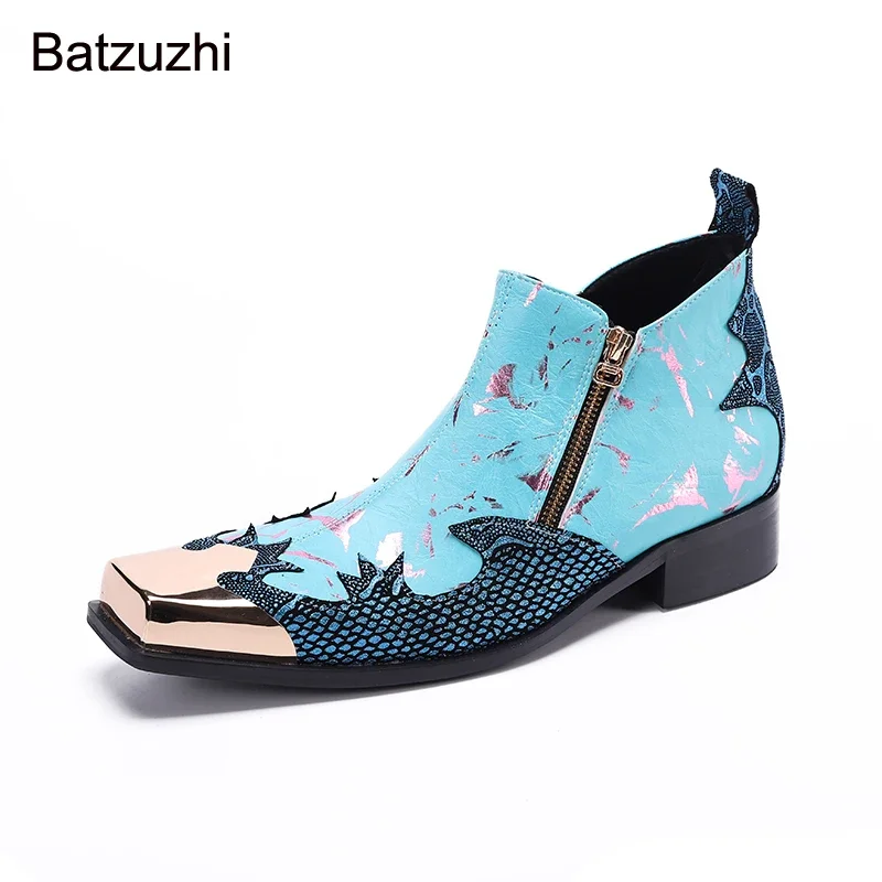 

Batzuzhi Men's Boots Square Iron Head Blue Ankle Boots Men Genuine Leather New Arrival Fashion Business/Party and Wedding Botas
