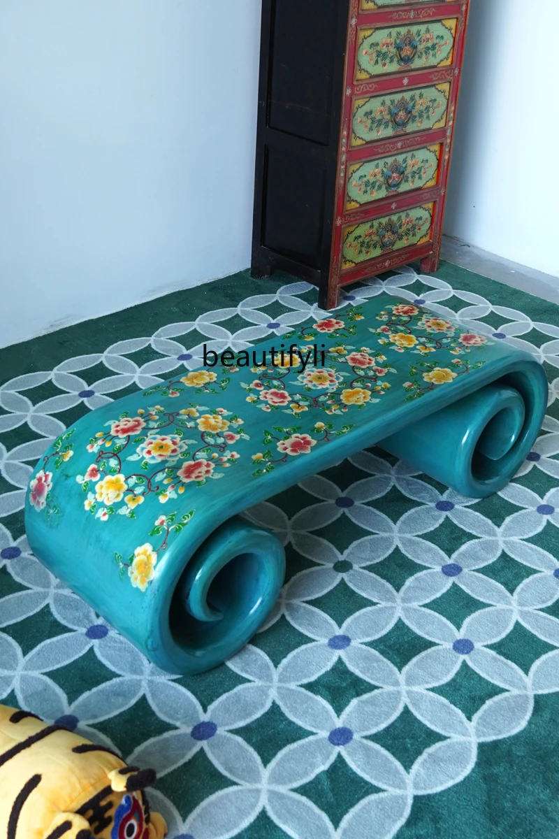 

New Chinese Style Solid Wood Vintage Painted Roll Table Vintage Bay Window Small Tea Table Piano Table Elm Wood Hand Painted