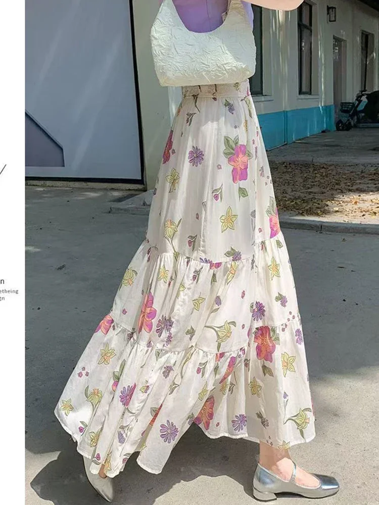 Falda larga Floral bohemia para mujer, faldas elegantes y dulces de cintura alta, faldas largas informales holgadas Vintage coreanas para mujer que combinan con todo