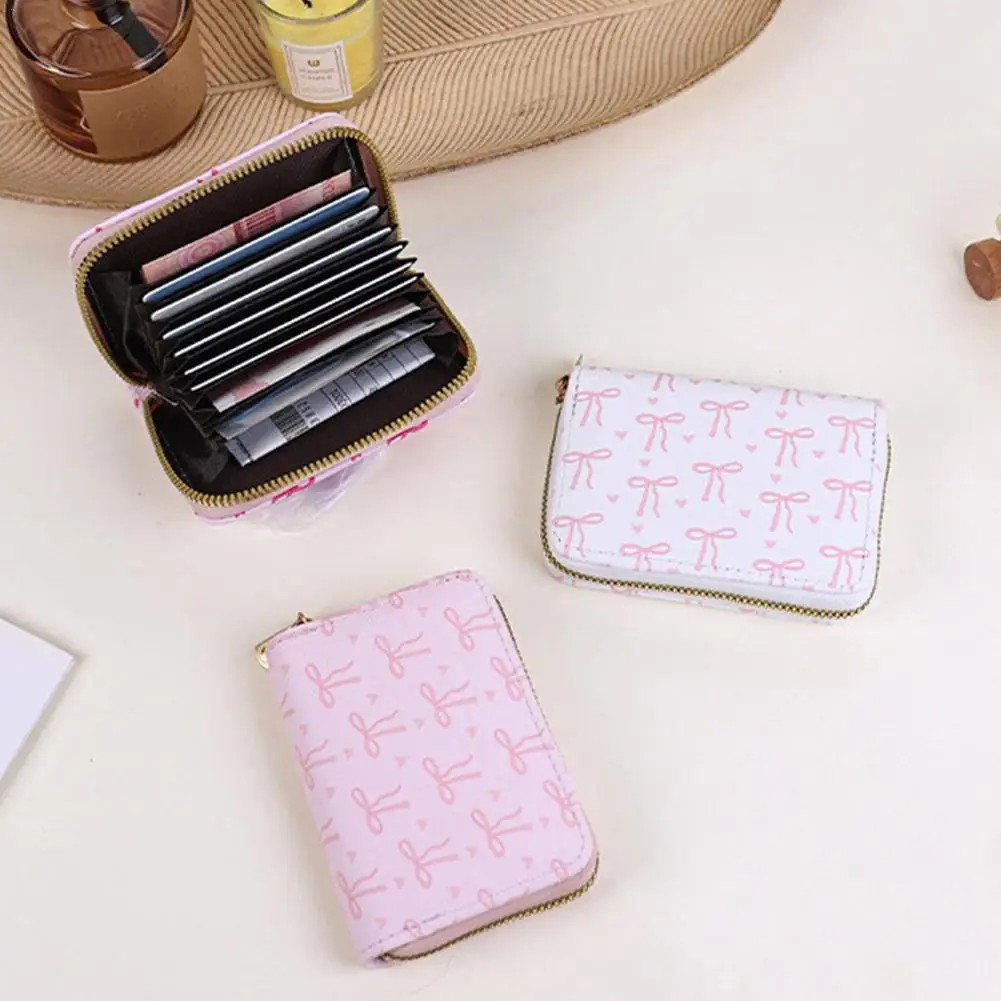 

Мини-кошелек на молнии с несколькими слотами, розовый милый держатель для карт с бантом для женщин и девочек, портативный дорожный кошелек из искусственной кожи