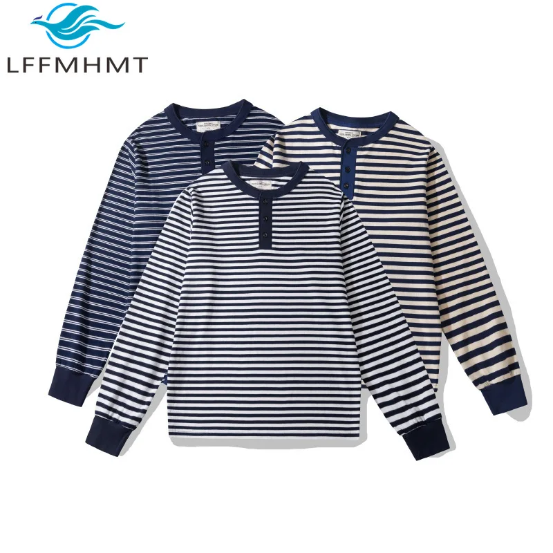 300G Heavyweight Striped Henry Shirt for Men Spring Autumn Fashion High Quality Long Sleeve Oversize Sailing Style Classical Tee