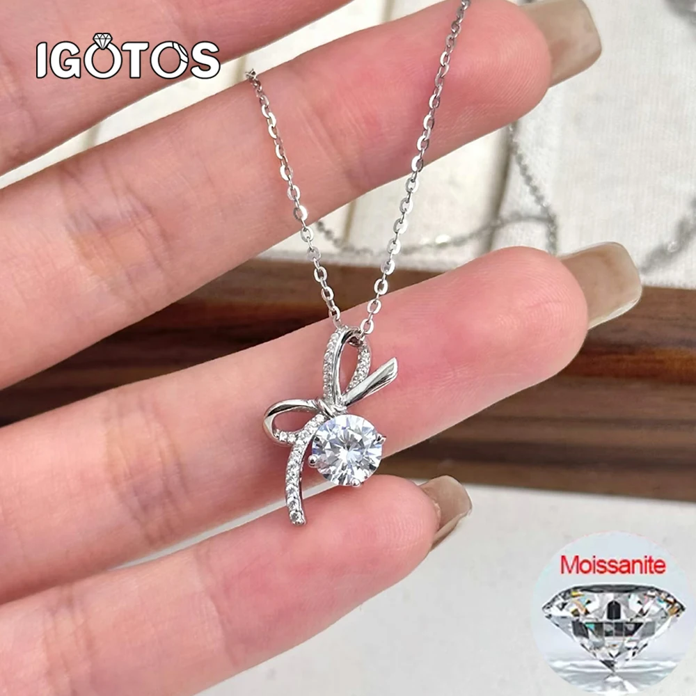 

D VVS 1/2CT ожерелье с подвеской из муассанита и бантом для женщин S925, серебряное сверкающее бриллиантовое ожерелье, обручальное свадебное ювелирное изделие