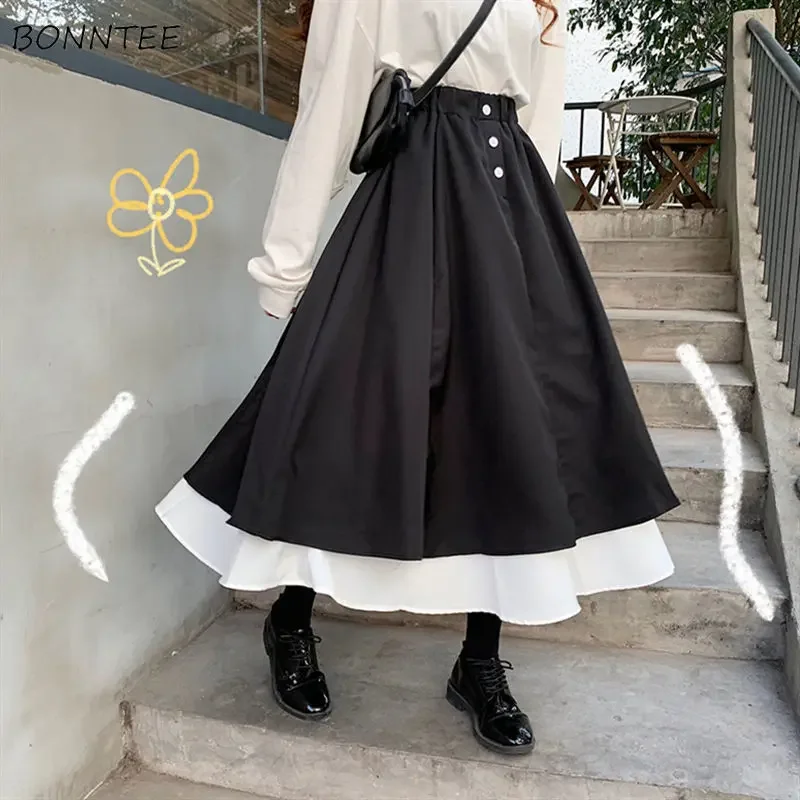 Skirts Women Chic Korean Retro Ruffles All-match Summer Fall Basic Ladies Skirt Lovely Patchwork Ins Elastic Waist Womens Faldas