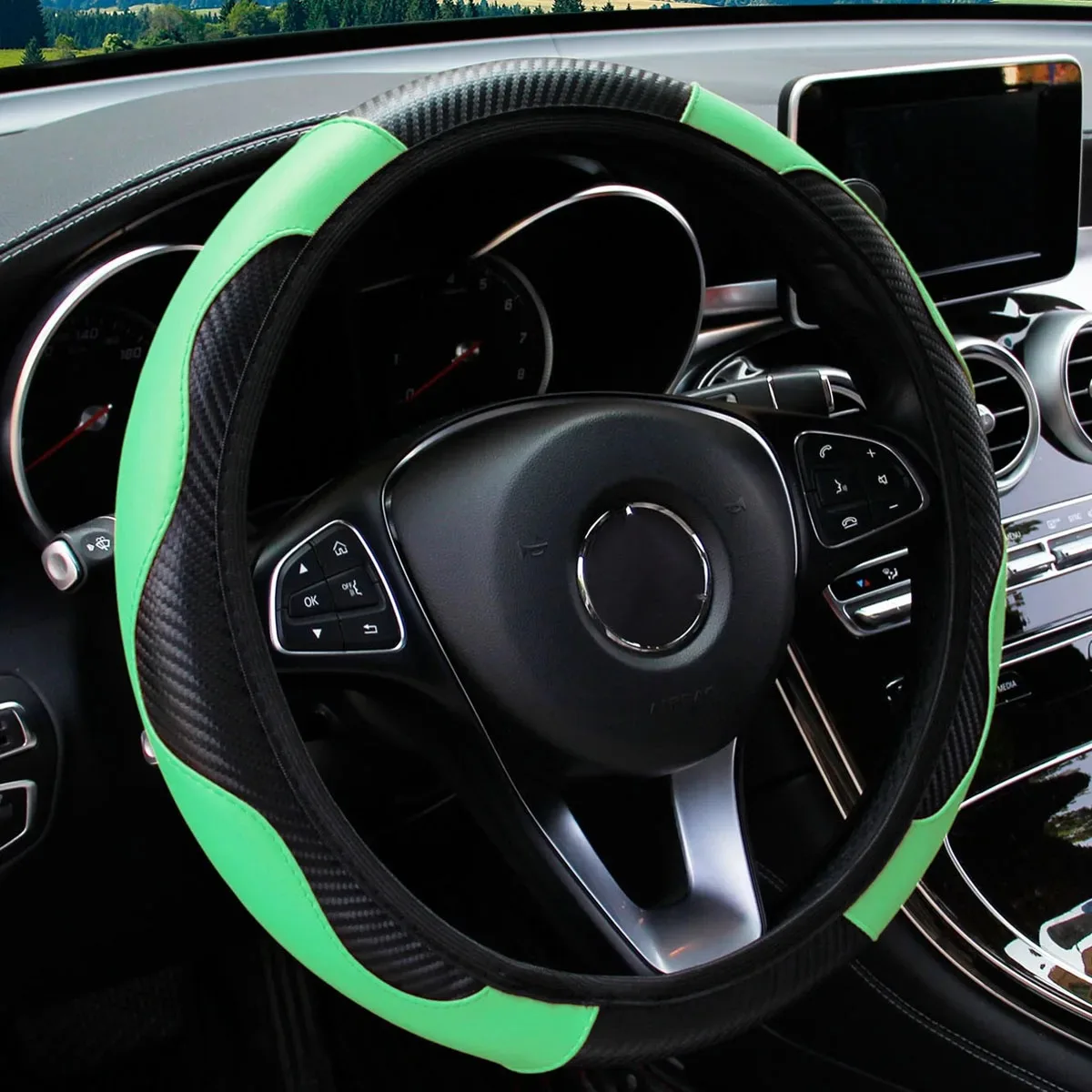PU-Kohlefaser-Leder Lenkradbezug ohne Innenring, geeignet für 14,5-15 Zoll, passend für die meisten Fahrzeuge wie Limousinen, SUVs, LKWs. – Detail 10