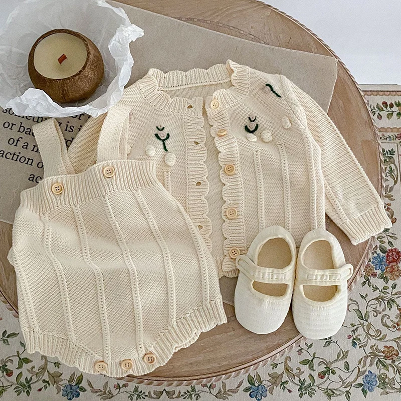 Autumn Winter Toddler Baby Girl Knitting Clothes Suit Handmade Cardigan Sweater+Jumpsuit Newborn Baby Girls Clothing Set