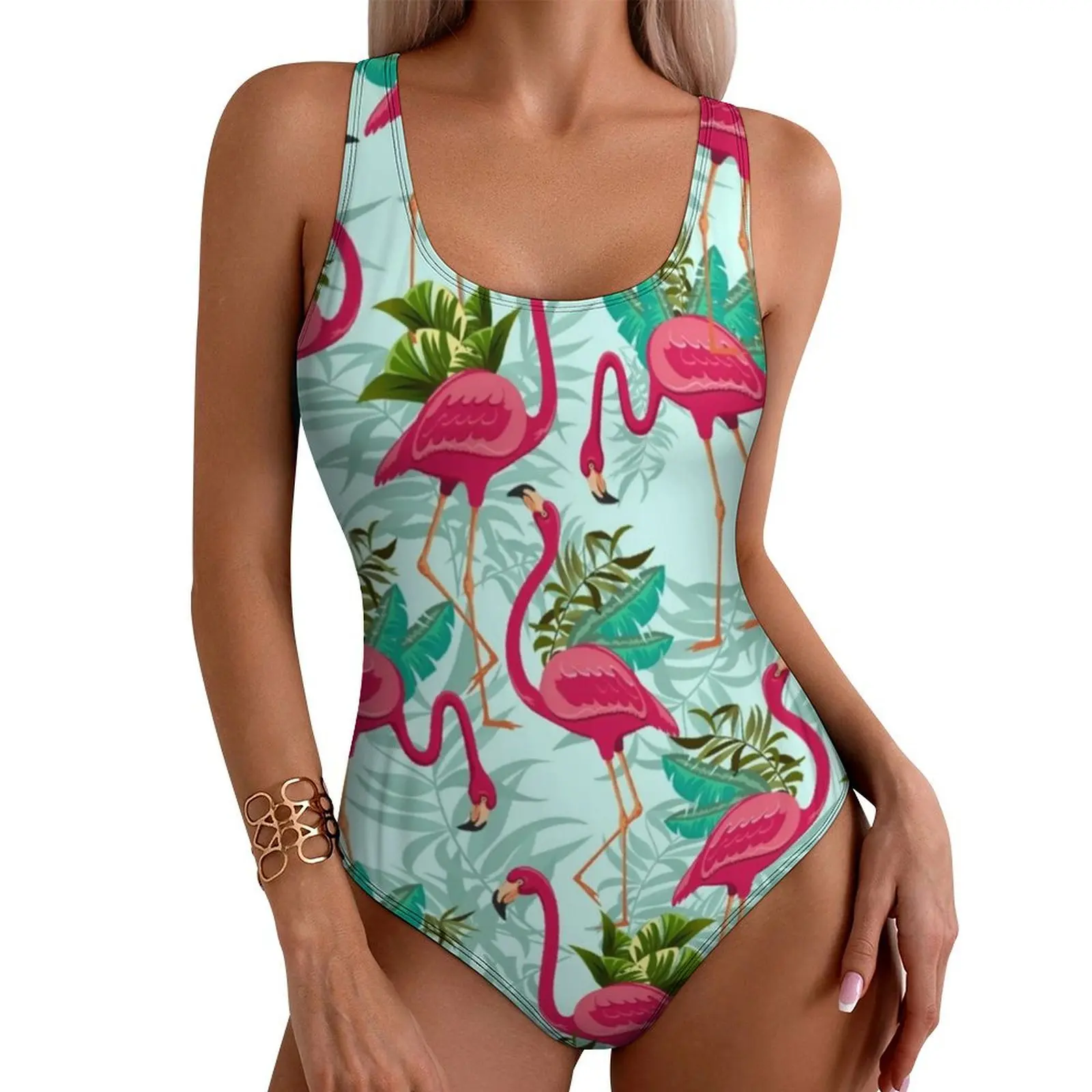 Pink Flamingo Swimsuit Sexy Exotic Birds Print One Piece Swimwear Push Up Bodysuit Fashion Fitness Beachwear