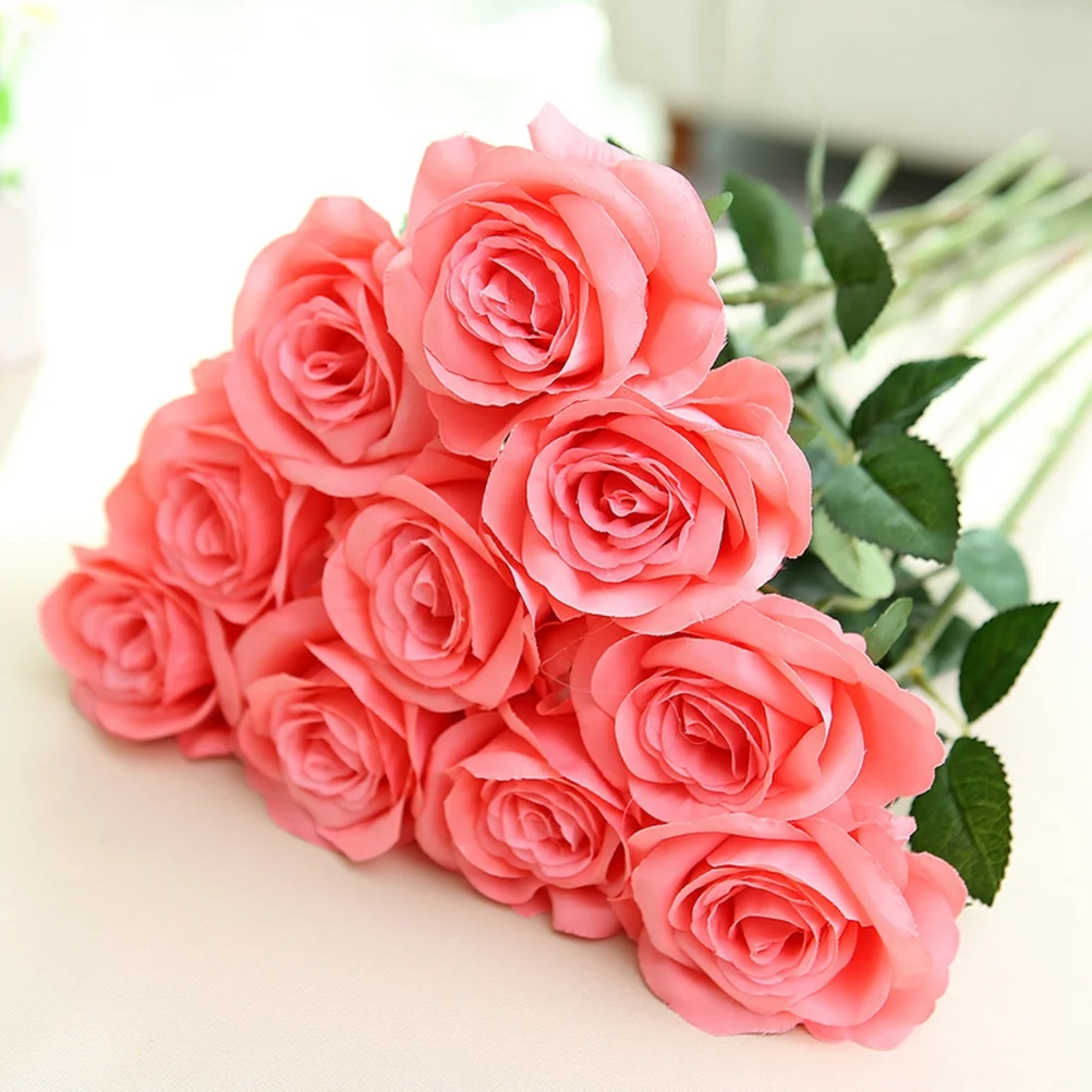 

10 pcs Rose Flowers Silk Faux Roses Realistic Lifelike For Artificial Flower Home Wedding Party Decor Flesh Pink