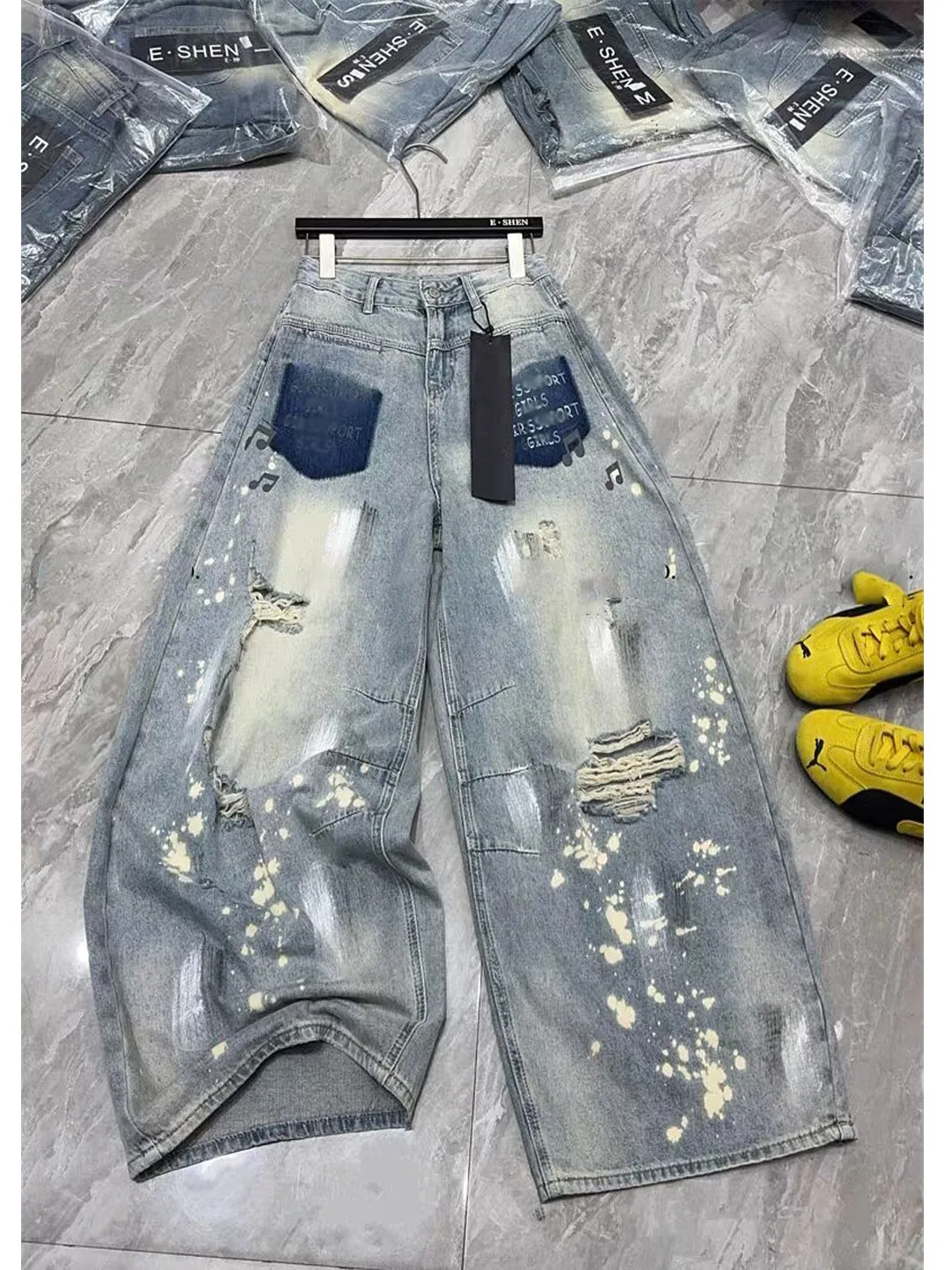 American Style Distressed Tie-dye Wide-leg Denim Jeans for Women Summer Loose Slimming Design Sense Bend Knife Pants Trend
