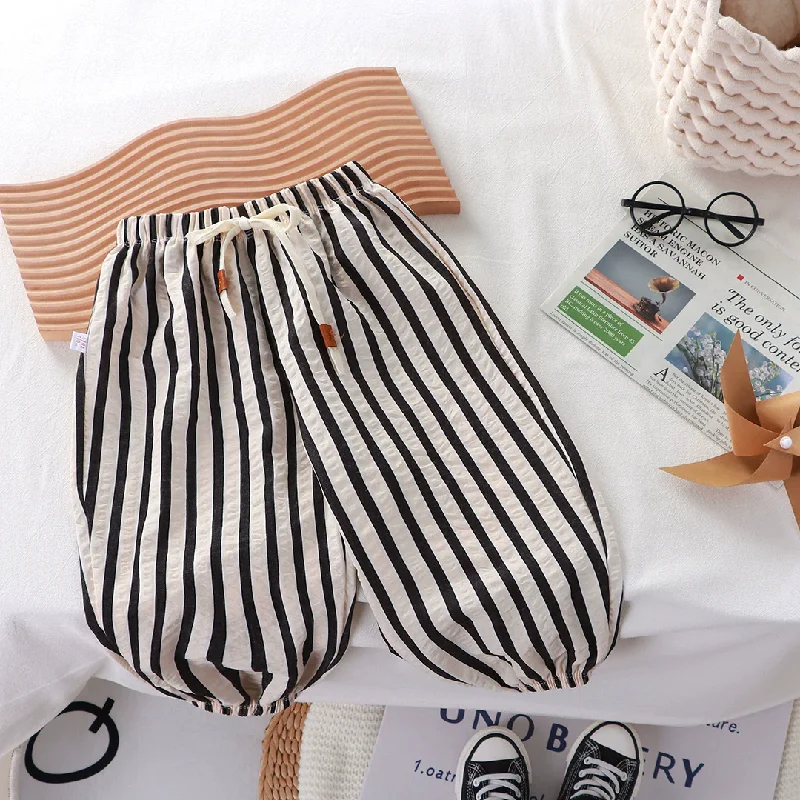 Summer Kids Striped Pants Boys Girls Vintage Casual Anti-Mosquito Harlan Trousers Kids Lace-up Loose Pants Children Clothing