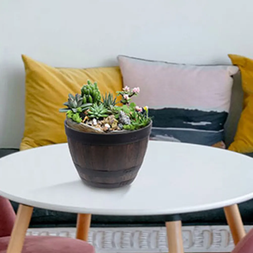 

2Pcs Vintage Wood Barrel Planter Plastic Outdoor Garden Flower Pot Decorative Plant Holders for Balcony Home Patio Hydroponic