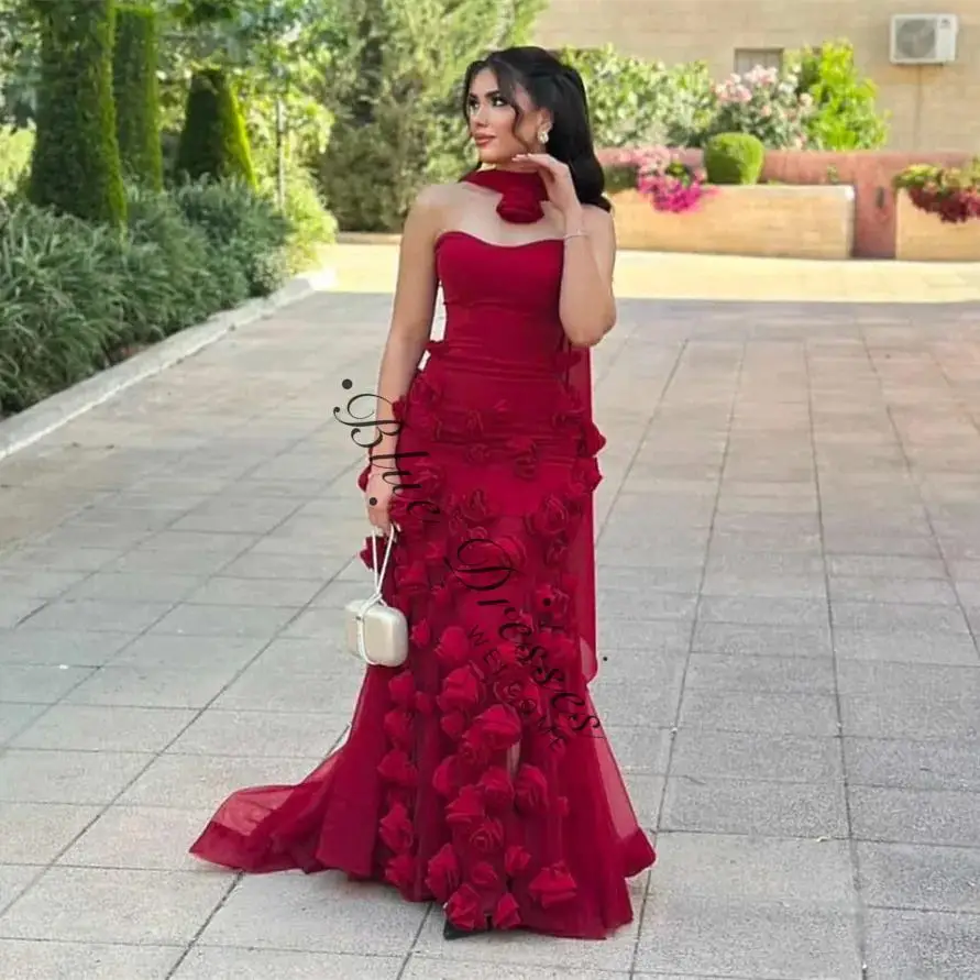 

customized Long Crepe Evening Dresses with Flowers Mermaid Strapless فساتين سهرة Watteau Train Prom Dress for Women