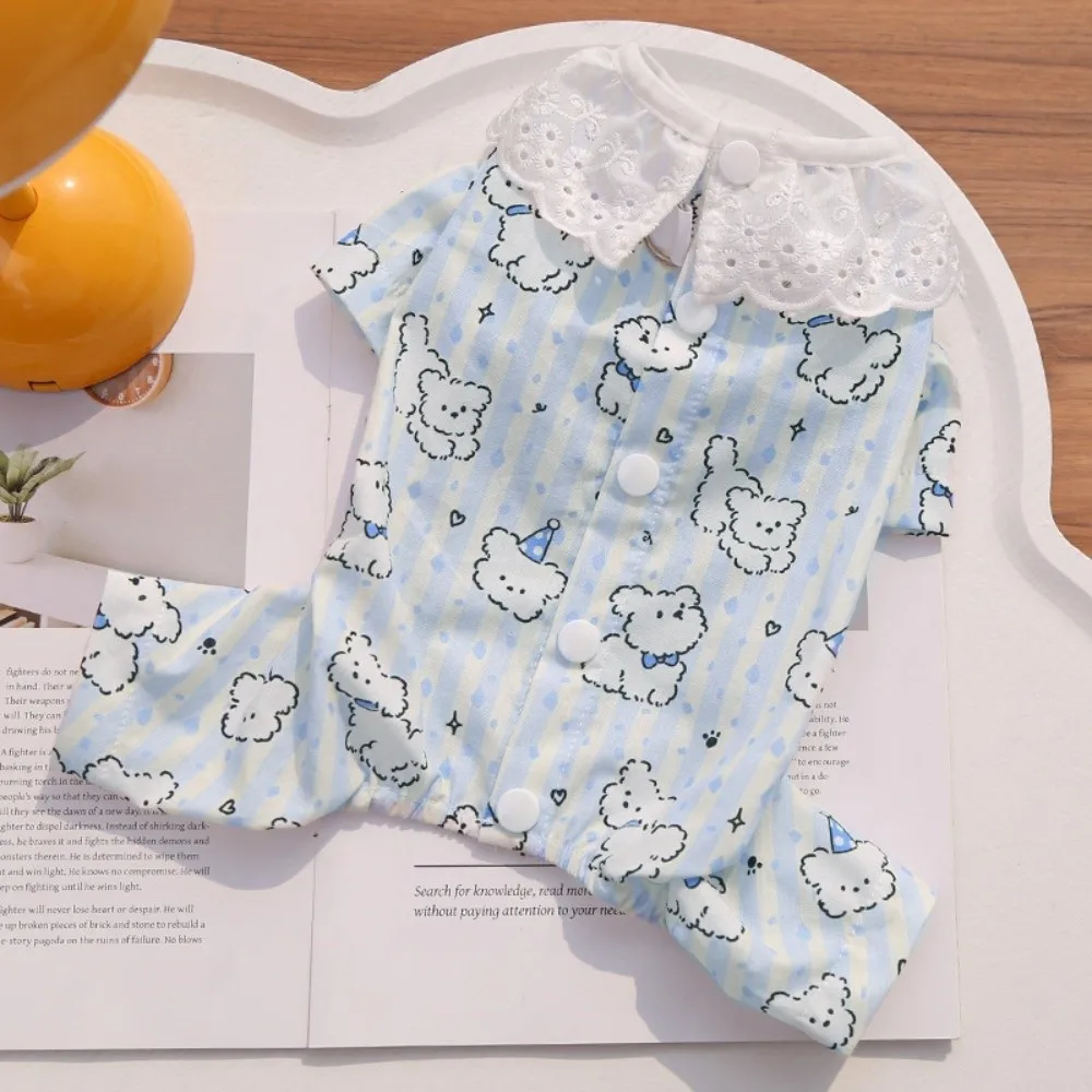 Soft Cotton Dog Pajamas Strips Pattern Button Down Design Puppy Shirt 4 Feet Style Breathable Pet Sleepwear For Cats