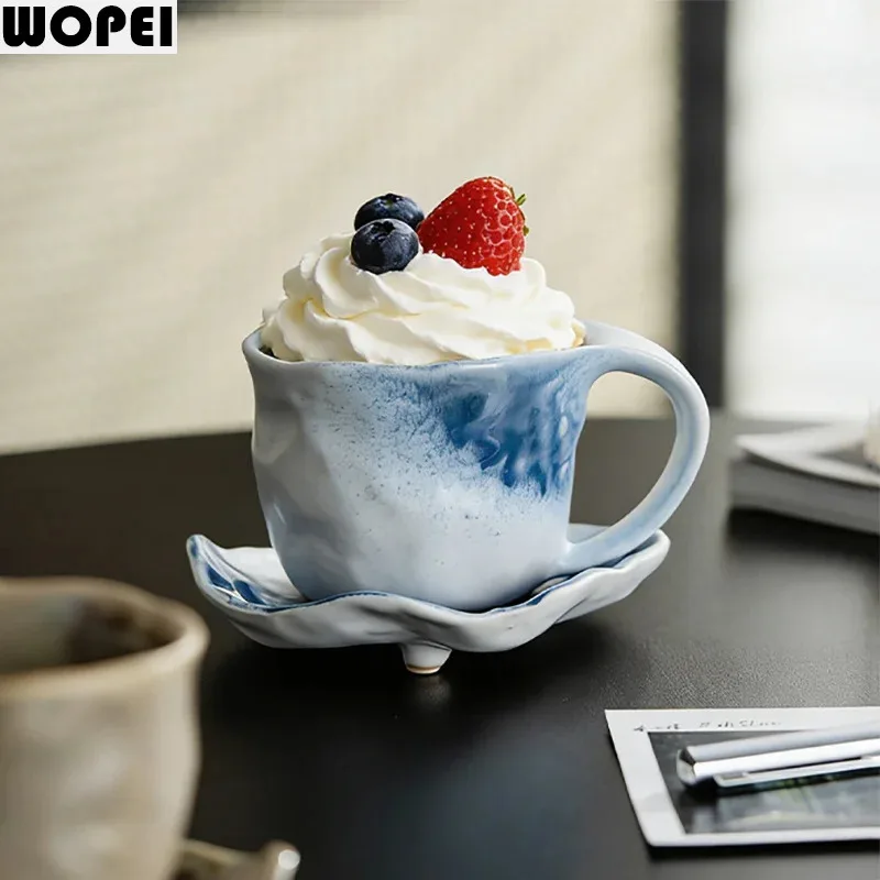 Handmade Coffee Cup and Dish Set Vintage Ceramic Mug Latte Milk Cup Breakfast Cup Beverage Cups Home Water Cups Couple Cups