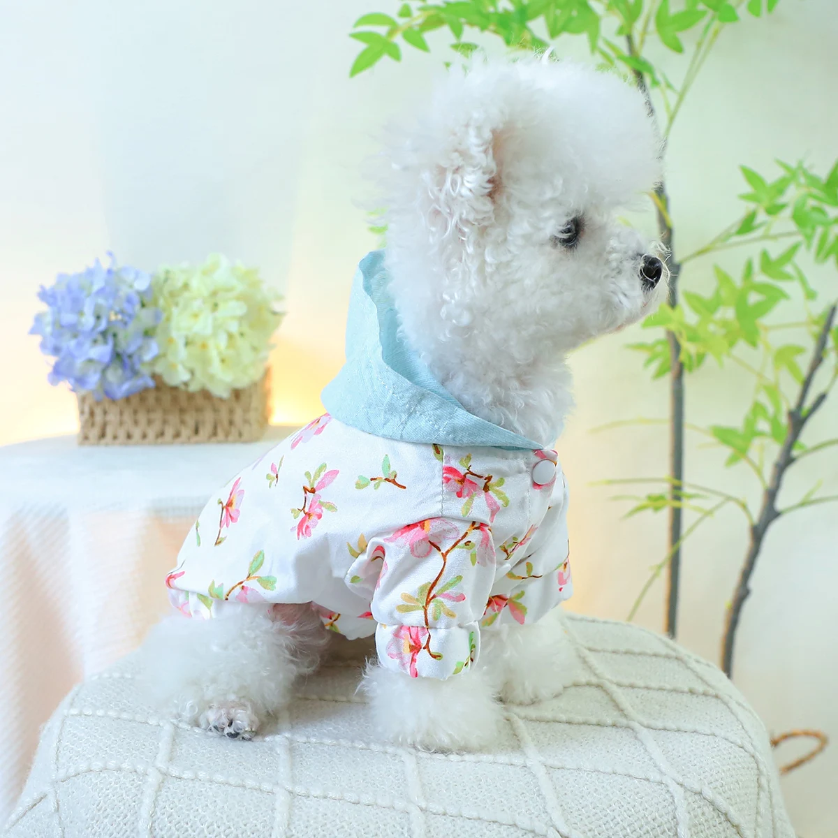 1PC Pet Clothing Cat Spring/Summer Thin Breathable Blue Hat Peach Blossom Fragmented Coat Suitable for Small and Medium Dogs