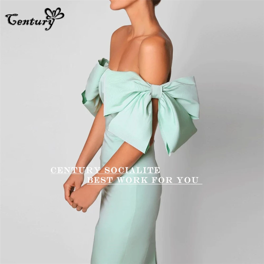 Vestido de fiesta de Dubái verde menta, largo hasta el suelo con lazo grande y hombros descubiertos, vestidos formales de Arabia Saudita de satén