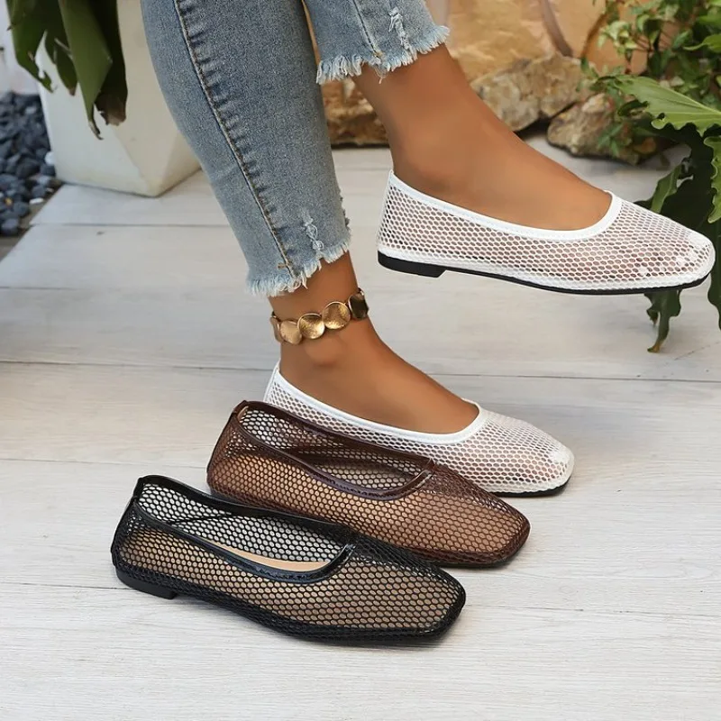 Damen-Mesh-Ballerinas mit eckiger Zehenpartie, atmungsaktive Slip-On-Sommerschuhe, mehrfarbig