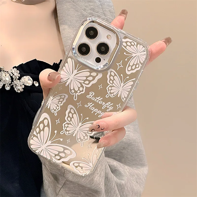 Luxury electroplating mirror butterfly mobile phone case for iphone 14 13 12 11 Pro Max Plus Crystal butterfly lanyard shell