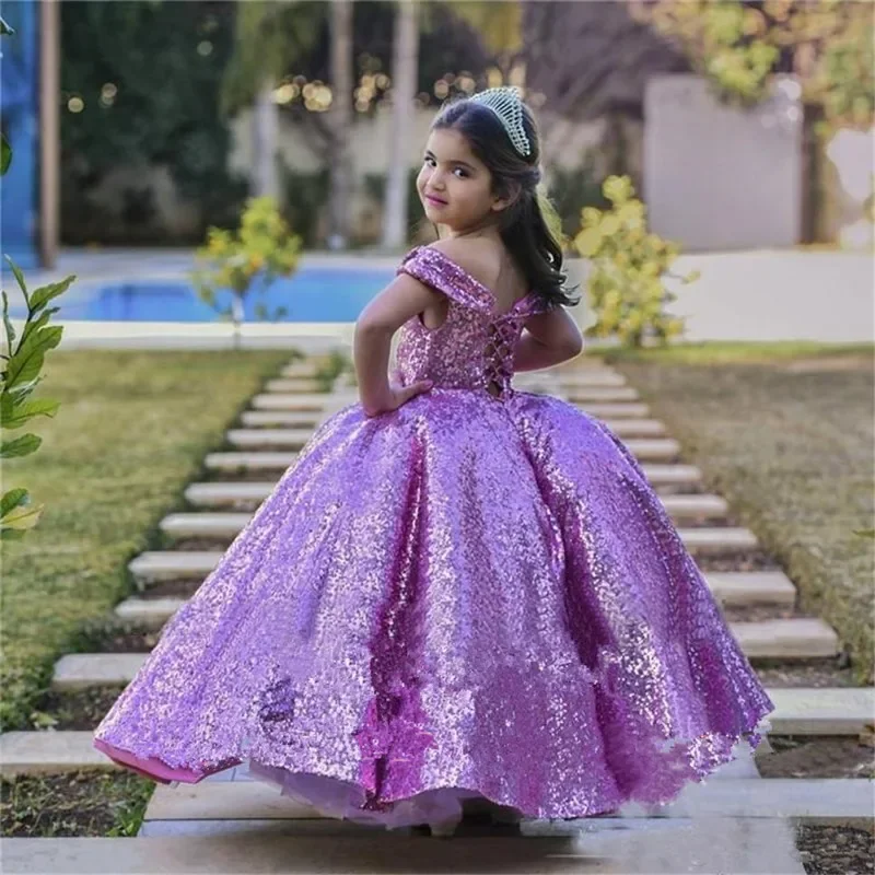 Vestidos de lantejoulas roxas para meninas, Fora do ombro, Vestidos de festa de casamento, Vestidos Flower Girls, Espartilho para crianças